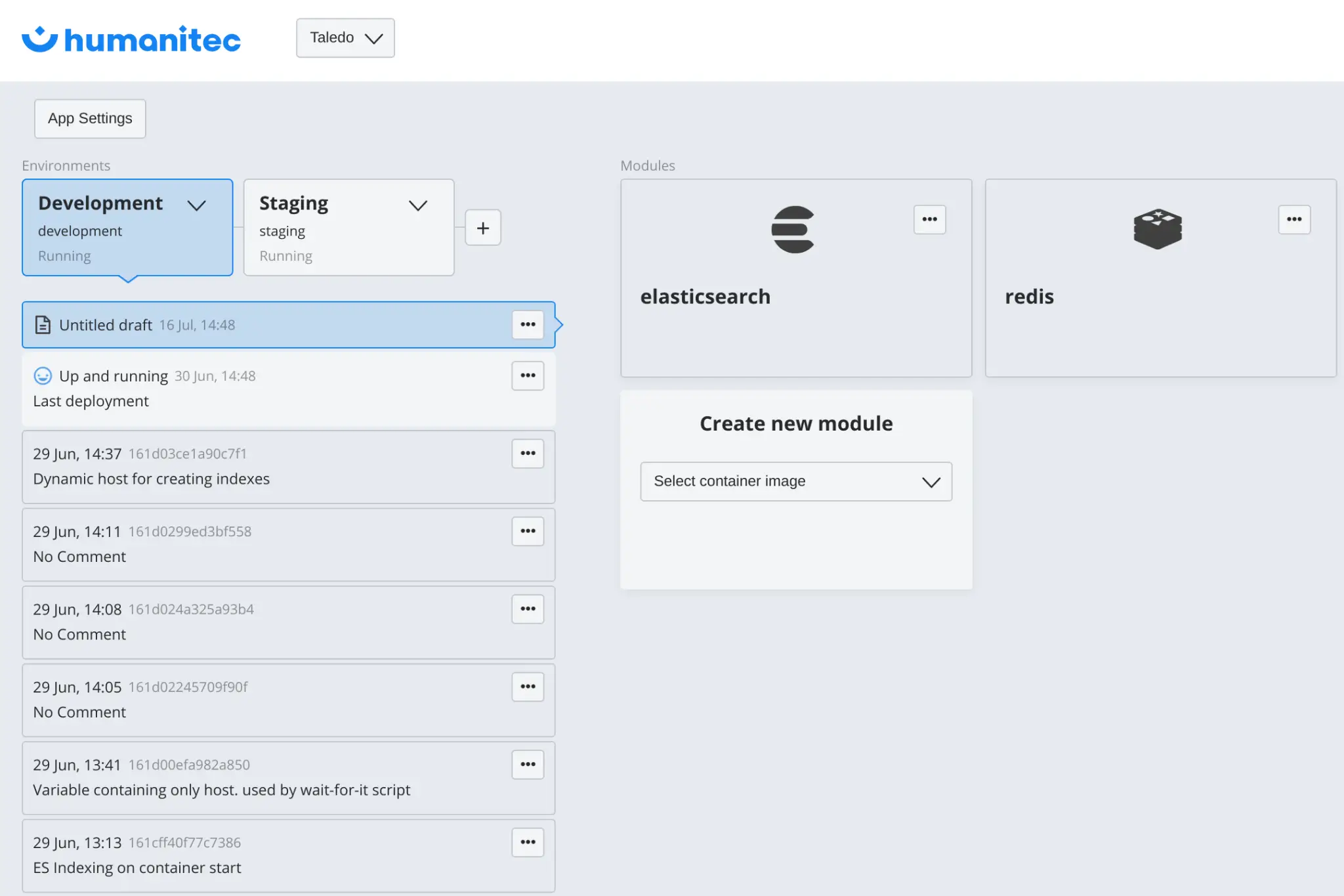 Humanitec internal developer platform screenshot